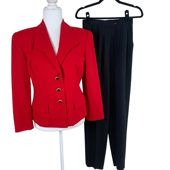 NEW Vtg Saville Suit Size 4 Pant Suit w/ Blazer Jacket Red Black Formal Career - Picture 1 of 13